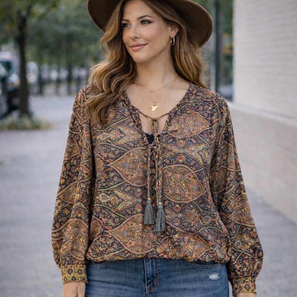 Boemo Boho Paisley Print Peasant Blouse‎ Tassel Tie Long Sleeve M